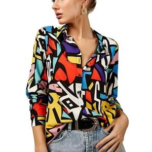 Big Dart Multicolor Abstract Long Sleeve Button Down Blouse Shirt Sz 54 …